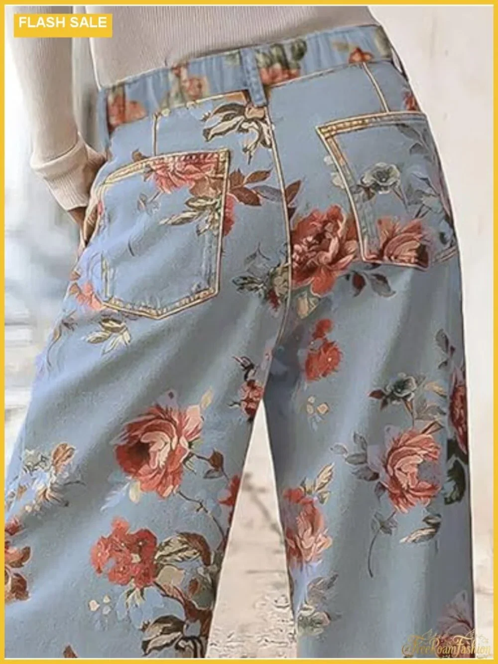 Wide Leg Cropped Floral Denim Jeans Boho Palazzo Pants